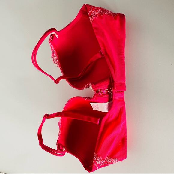 NEW VS VICTORIAS SECRET Red Pink Lace Floral Ribbon Padded UnderwireDemi Bra 32C - Picture 4 of 7